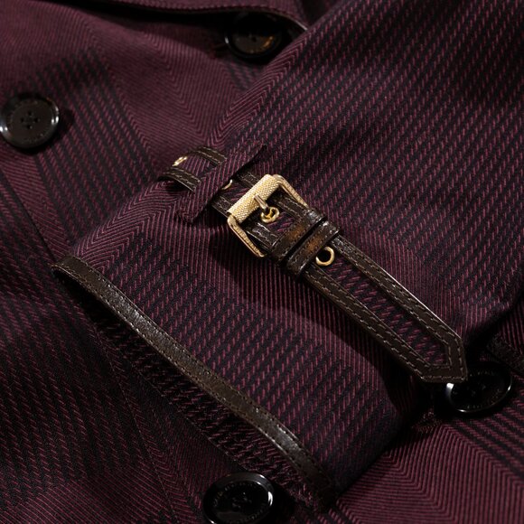 Burberry burgundy long check cotton leather trimmed trench coat - Picture 3 of 7